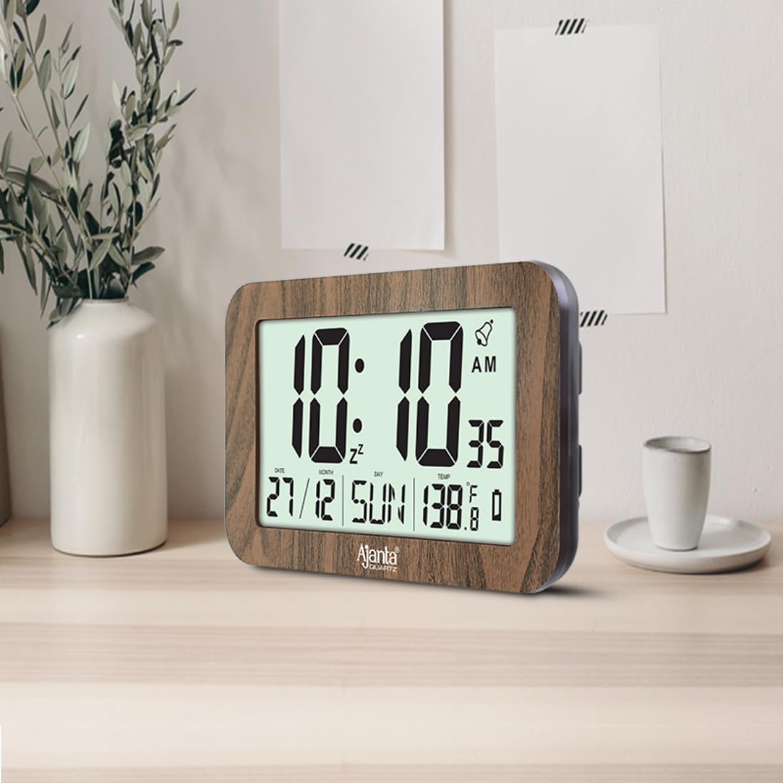 Digital Wall Clock with Alarm and Calendar, 1.3 x 1.5 Inch, Brown Plastic Frame