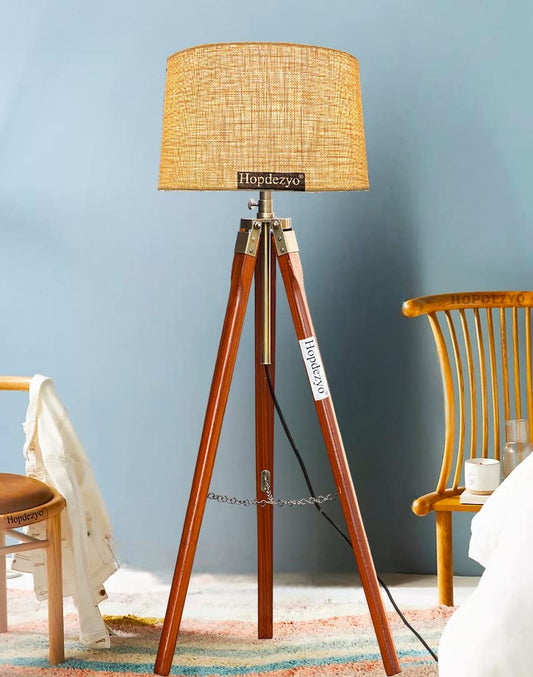 LED Standing Floor Lamp with Jute Drum Shade, Wooden Tripod Base, Modern Design for Living Room & Bedroom