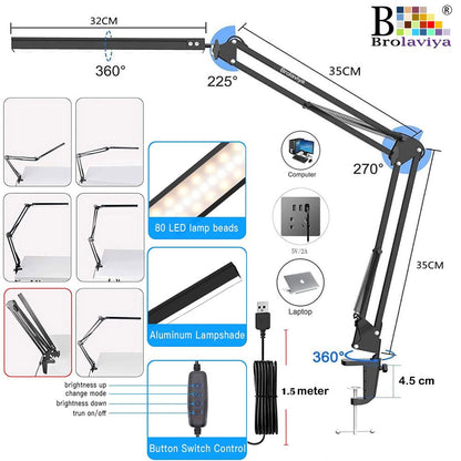 LED Desk Lamp with Metal Arm Stand, 32cm, 3 Lighting Modes, 360 Degree Spin, Adjustable Brightness