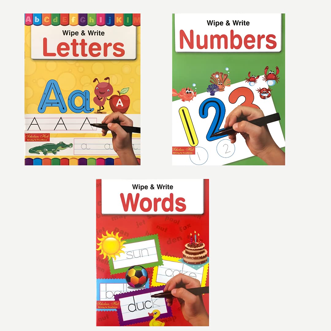 Scholars Hub Reusable And Washable Wipe And Clean Books For Kids (Set Of 3 Books) : Alphabet, Numbers & Words | 48 Pages | Writing Books | Helps Child To Write, Wipe And Write Again.