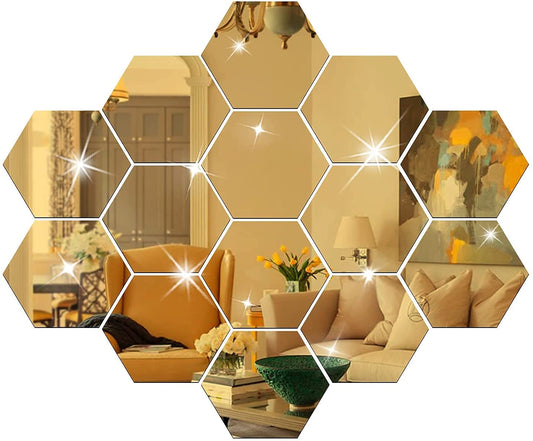 Hexagonal Wall Mirror Stickers - Golden Acrylic - 10.5x12.1 cm - Unframed - Modern Decorative Wall Art