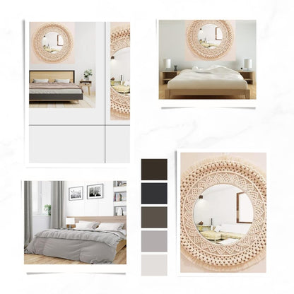 Round Wall Mirror with Cotton Fringe, Off-White, 25 cm Diameter, Handwoven Decorative Design