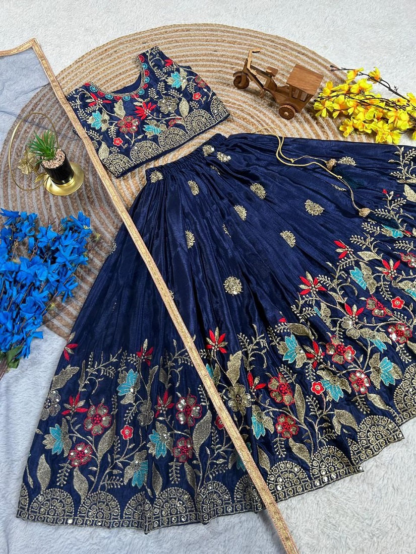 Evanik Blue Designer Sequence Embroidered Work Wedding Kids Lehenga Choli