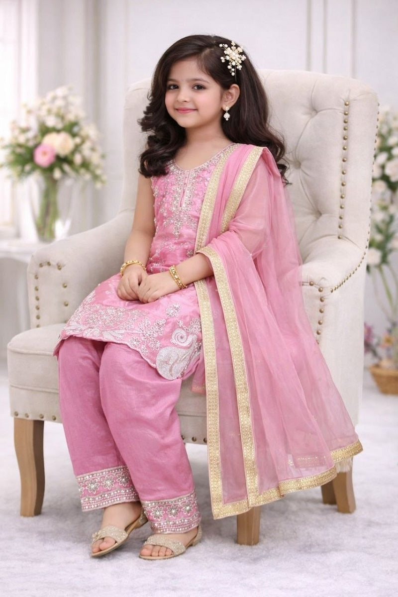 Evanik Pink Embroidered Sequence Work Fendy Silk Kids Kurta Set