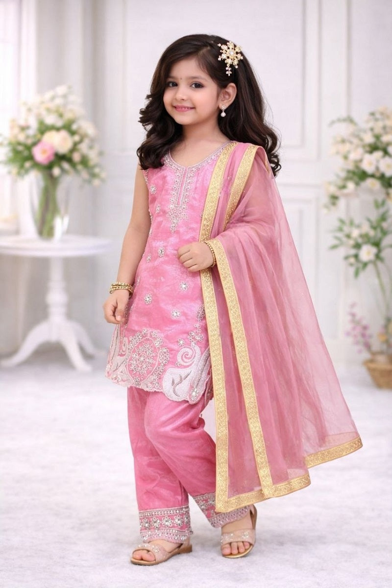 Evanik Pink Embroidered Sequence Work Fendy Silk Kids Kurta Set