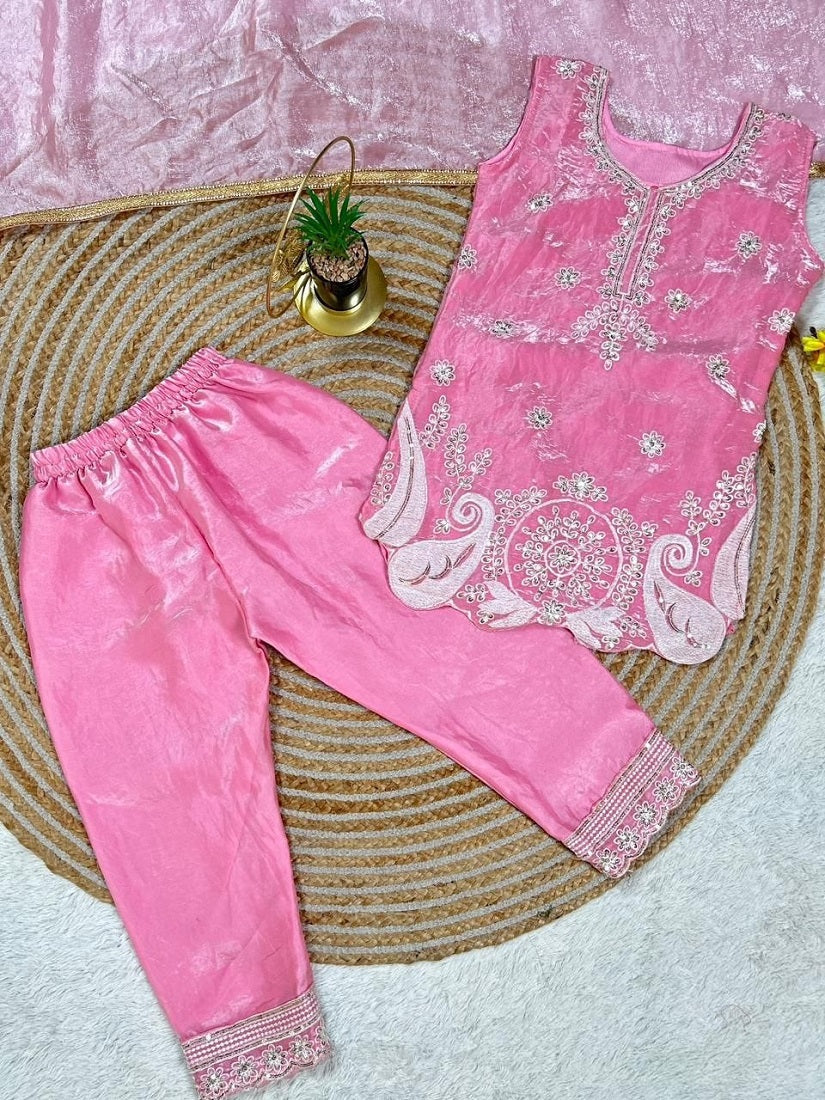 Evanik Pink Embroidered Sequence Work Fendy Silk Kids Kurta Set