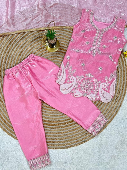 Evanik Pink Embroidered Sequence Work Fendy Silk Kids Kurta Set
