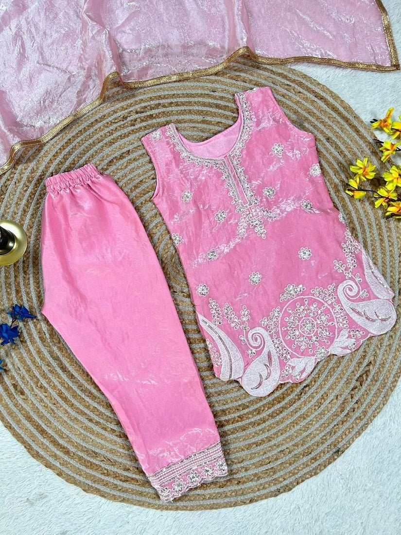Evanik Pink Embroidered Sequence Work Fendy Silk Kids Kurta Set