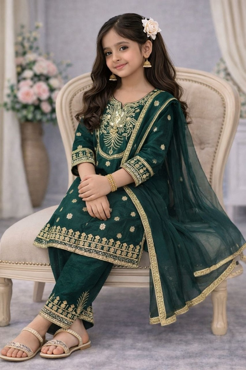 Evanik Green Embroidered Sequence Work Fendy Silk Kids Kurta Set