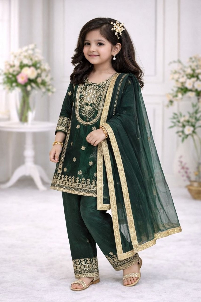 Evanik Green Embroidered Sequence Work Fendy Silk Kids Kurta Set