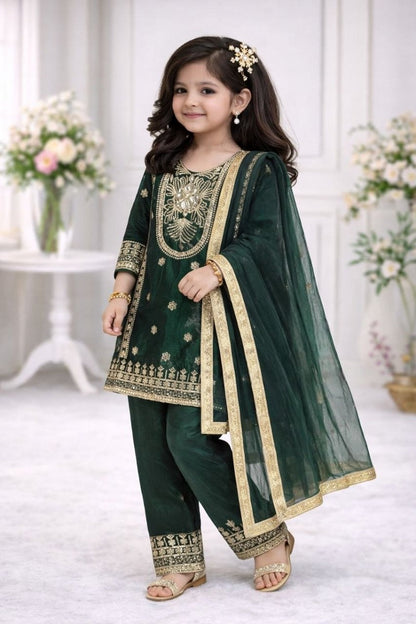 Evanik Green Embroidered Sequence Work Fendy Silk Kids Kurta Set