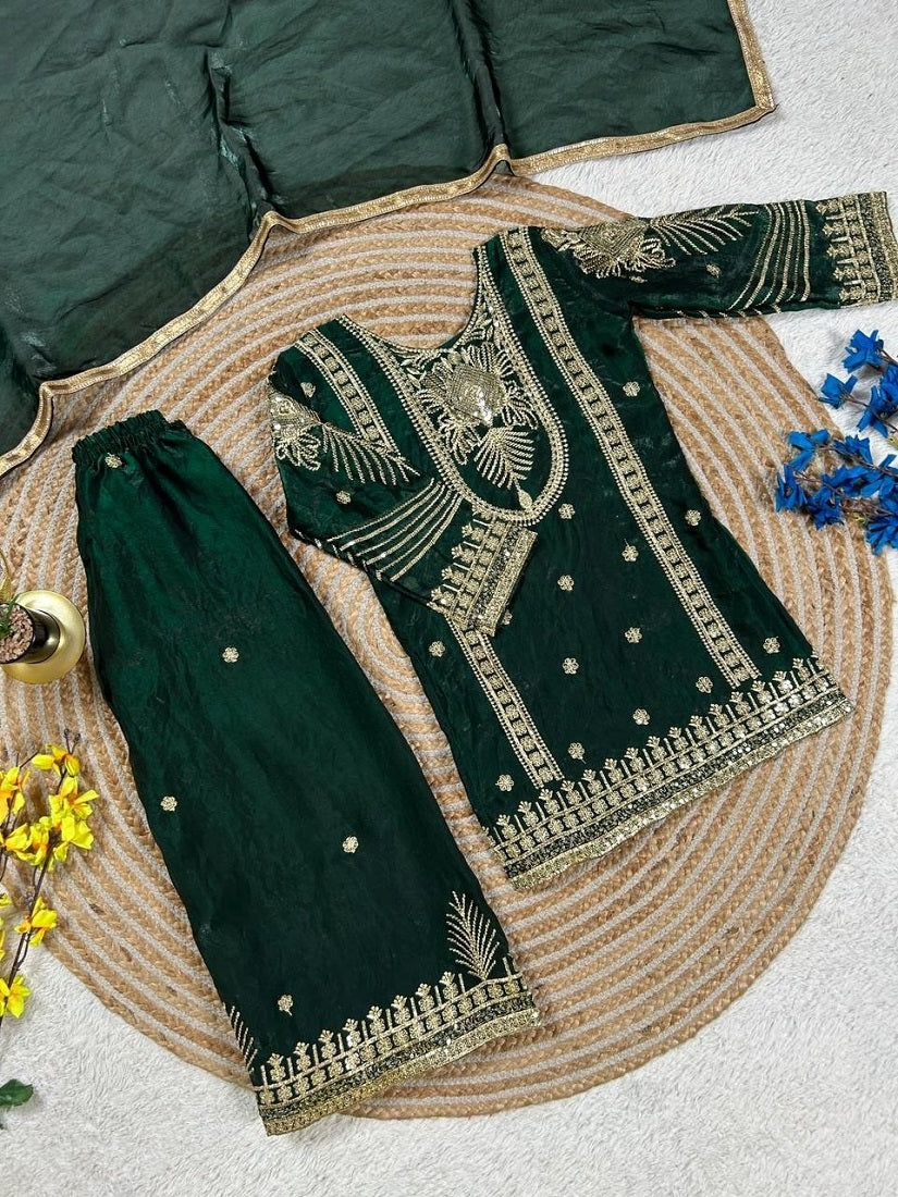 Evanik Green Embroidered Sequence Work Fendy Silk Kids Kurta Set