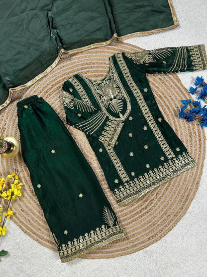 Evanik Green Embroidered Sequence Work Fendy Silk Kids Kurta Set