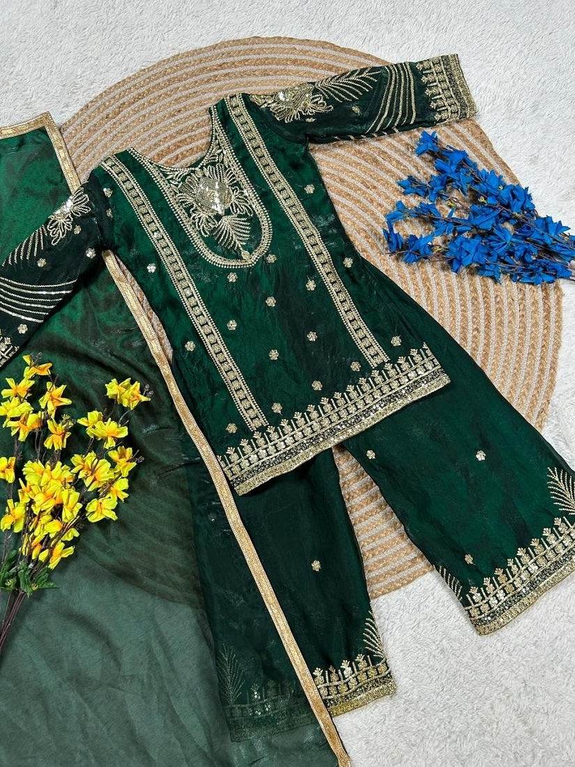 Evanik Green Embroidered Sequence Work Fendy Silk Kids Kurta Set