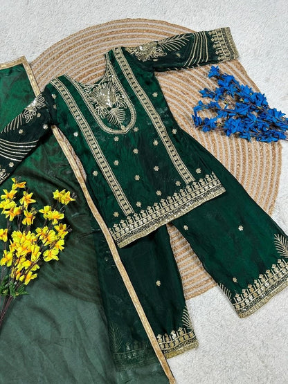 Evanik Green Embroidered Sequence Work Fendy Silk Kids Kurta Set
