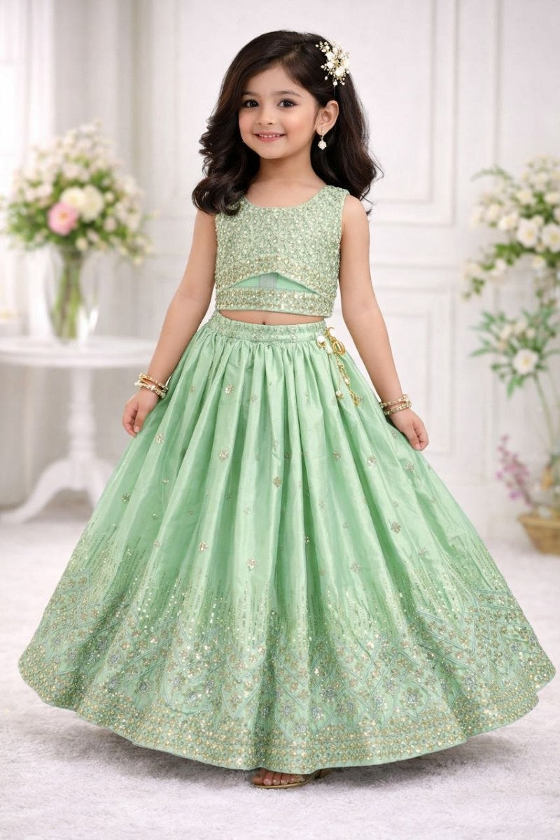 Evanik Pista Chinon Silk Embroidered Work Wedding Kids Lehenga Choli
