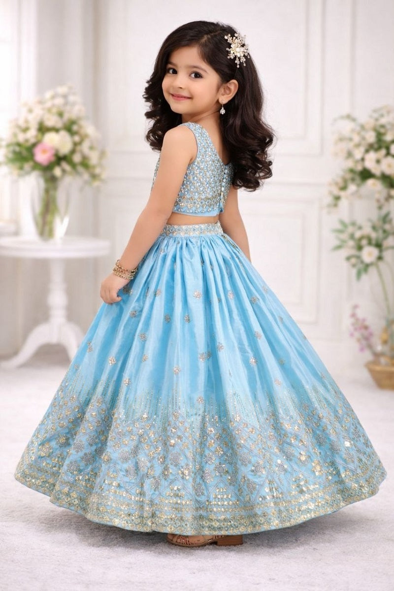 Evanik Skyblue Chinon Silk Embroidered Work Wedding Kids Lehenga Choli