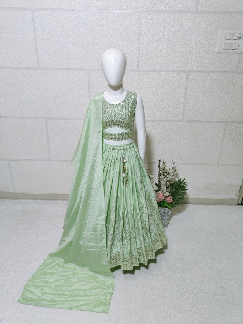 Evanik Pista Chinon Silk Embroidered Work Wedding Kids Lehenga Choli