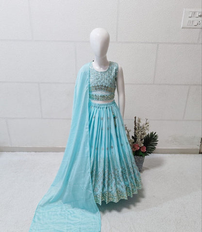 Evanik Skyblue Chinon Silk Embroidered Work Wedding Kids Lehenga Choli