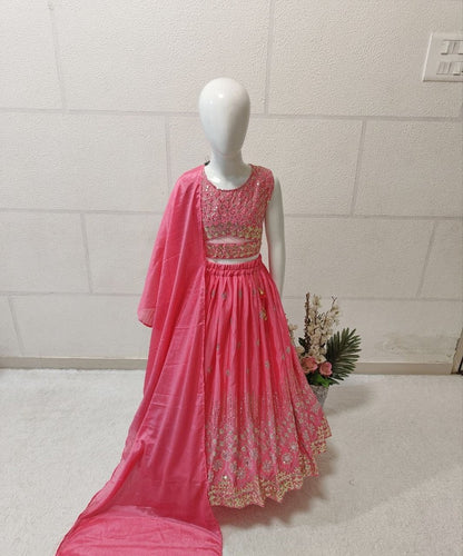 Evanik Pink Chinon Silk Embroidered Work Wedding Kids Lehenga Choli