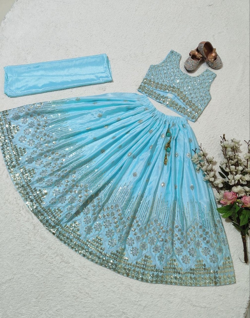 Evanik Skyblue Chinon Silk Embroidered Work Wedding Kids Lehenga Choli