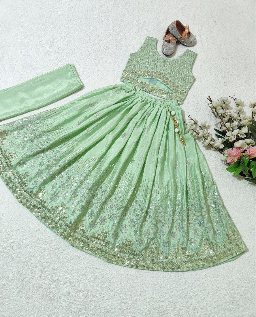 Evanik Pista Chinon Silk Embroidered Work Wedding Kids Lehenga Choli