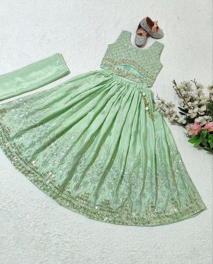 Evanik Pista Chinon Silk Embroidered Work Wedding Kids Lehenga Choli