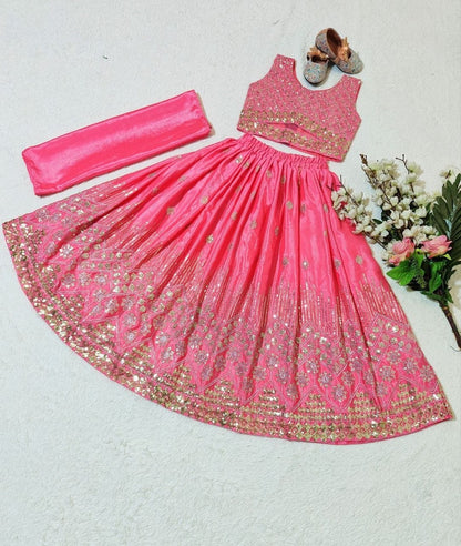 Evanik Pink Chinon Silk Embroidered Work Wedding Kids Lehenga Choli