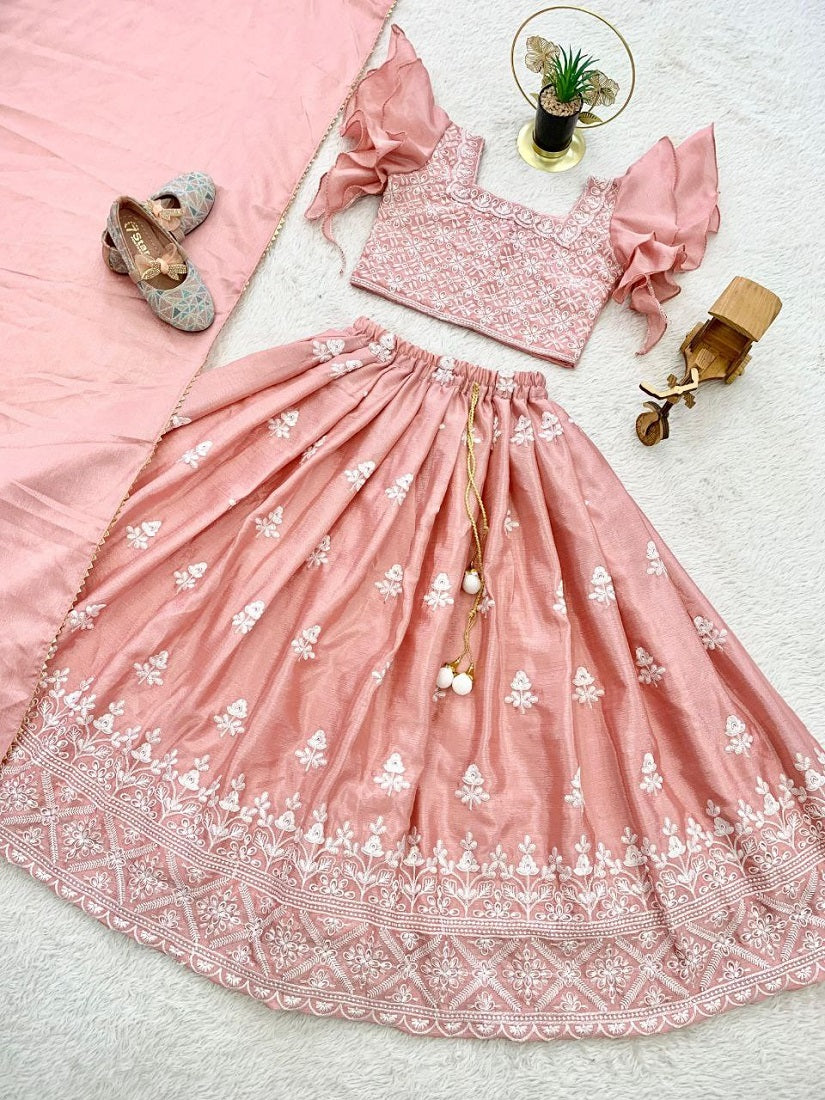 Evanik Peach Chinon Silk Frill Sleeve Design Lehenga Set for Kids