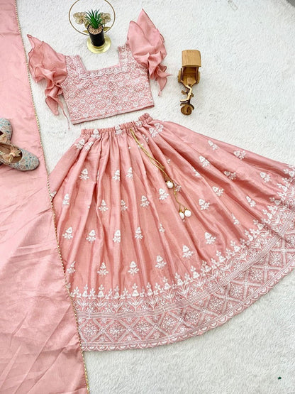 Evanik Peach Chinon Silk Frill Sleeve Design Lehenga Set for Kids