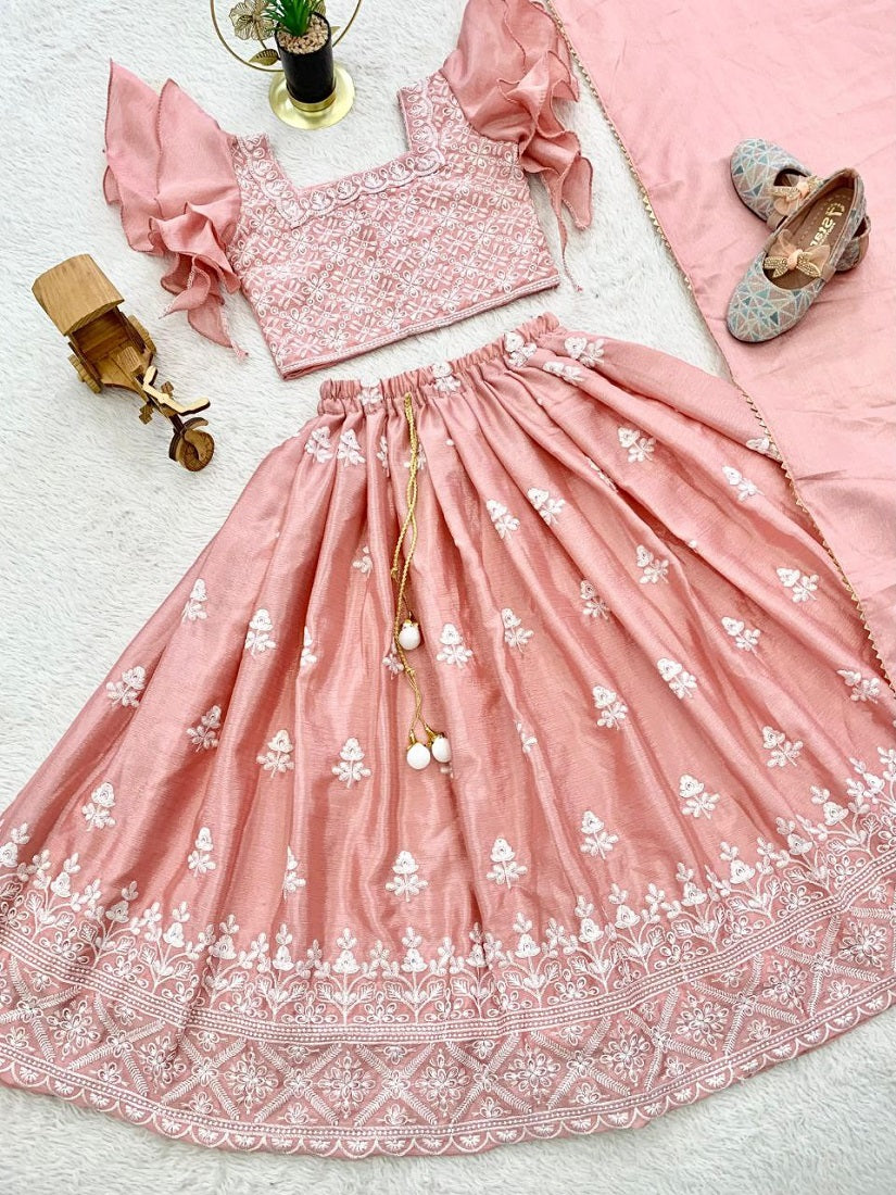 Evanik Peach Chinon Silk Frill Sleeve Design Lehenga Set for Kids