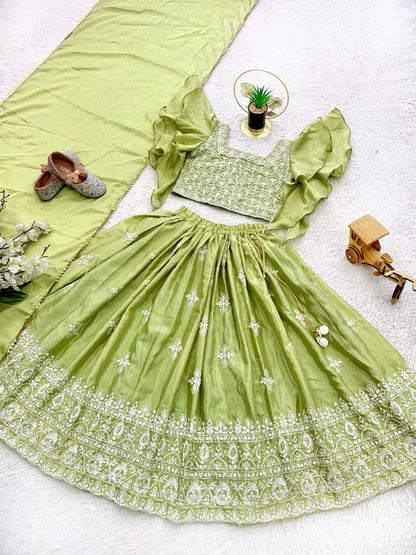 Evanik Parrot Green Chinon Silk Frill Sleeve Design Lehenga Set for Kids