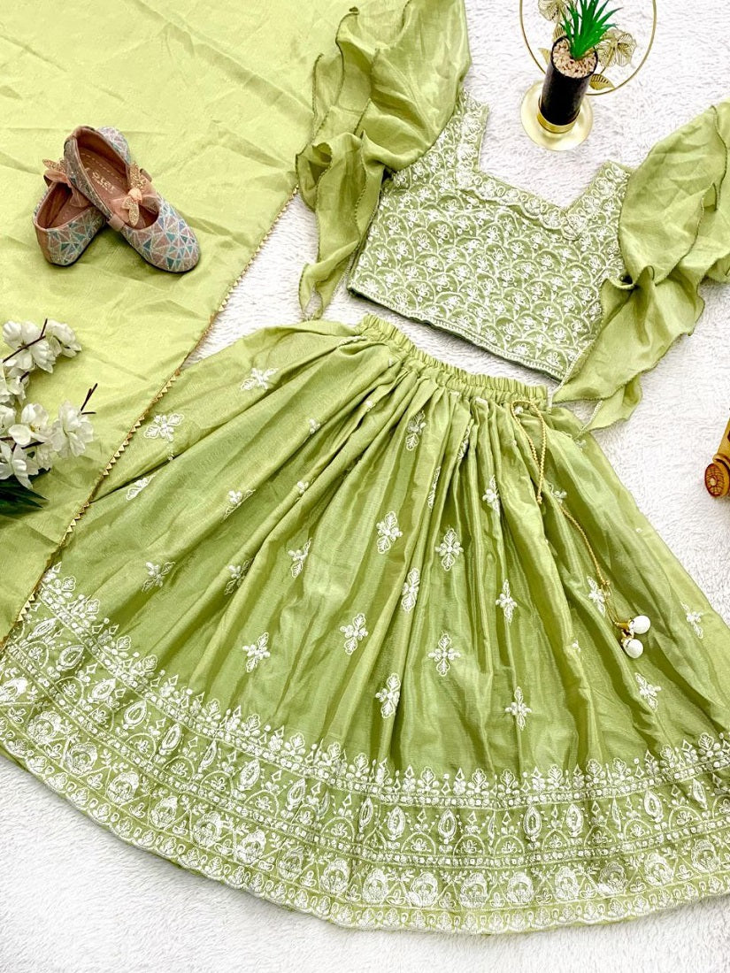 Evanik Parrot Green Chinon Silk Frill Sleeve Design Lehenga Set for Kids