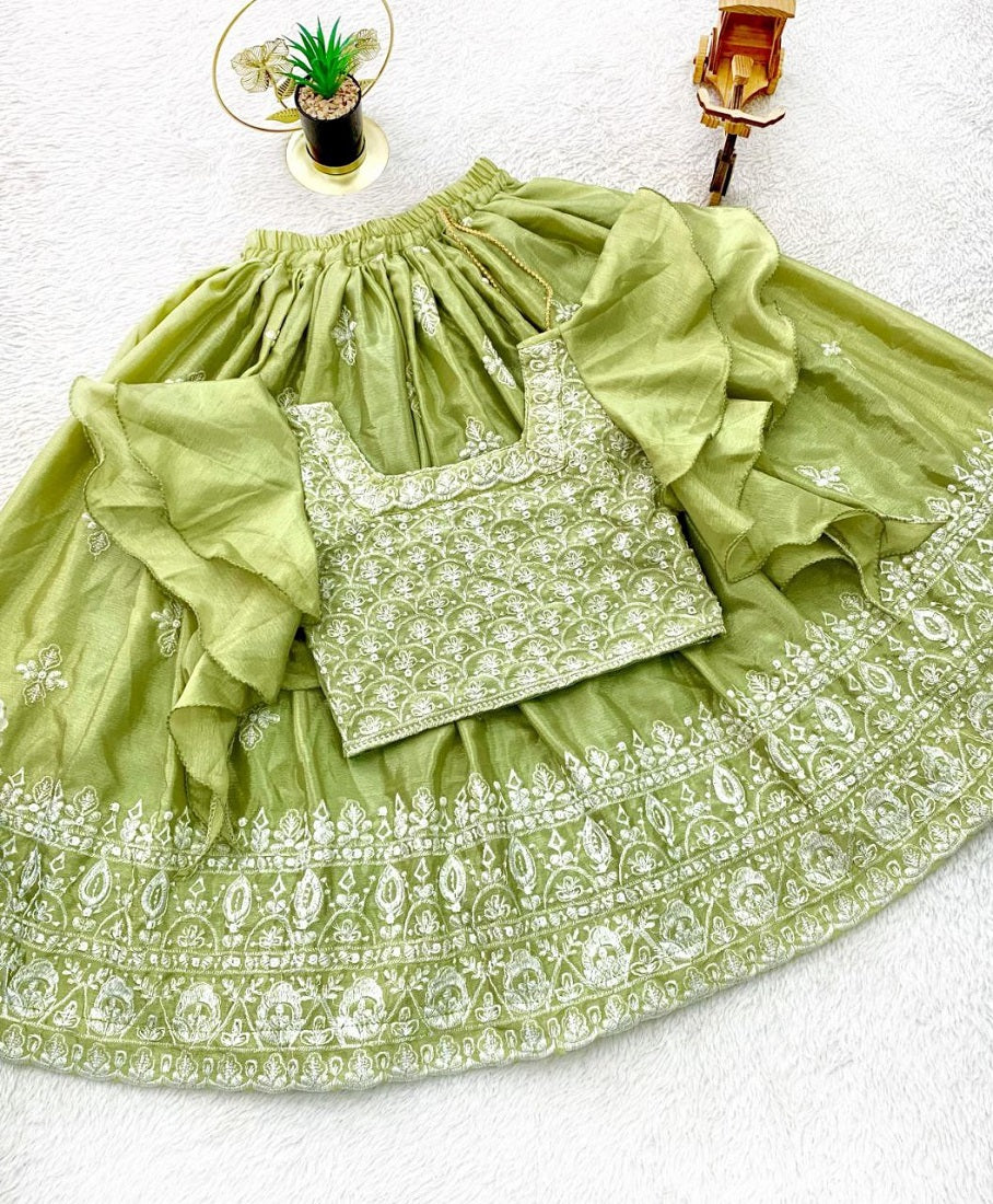 Evanik Parrot Green Chinon Silk Frill Sleeve Design Lehenga Set for Kids