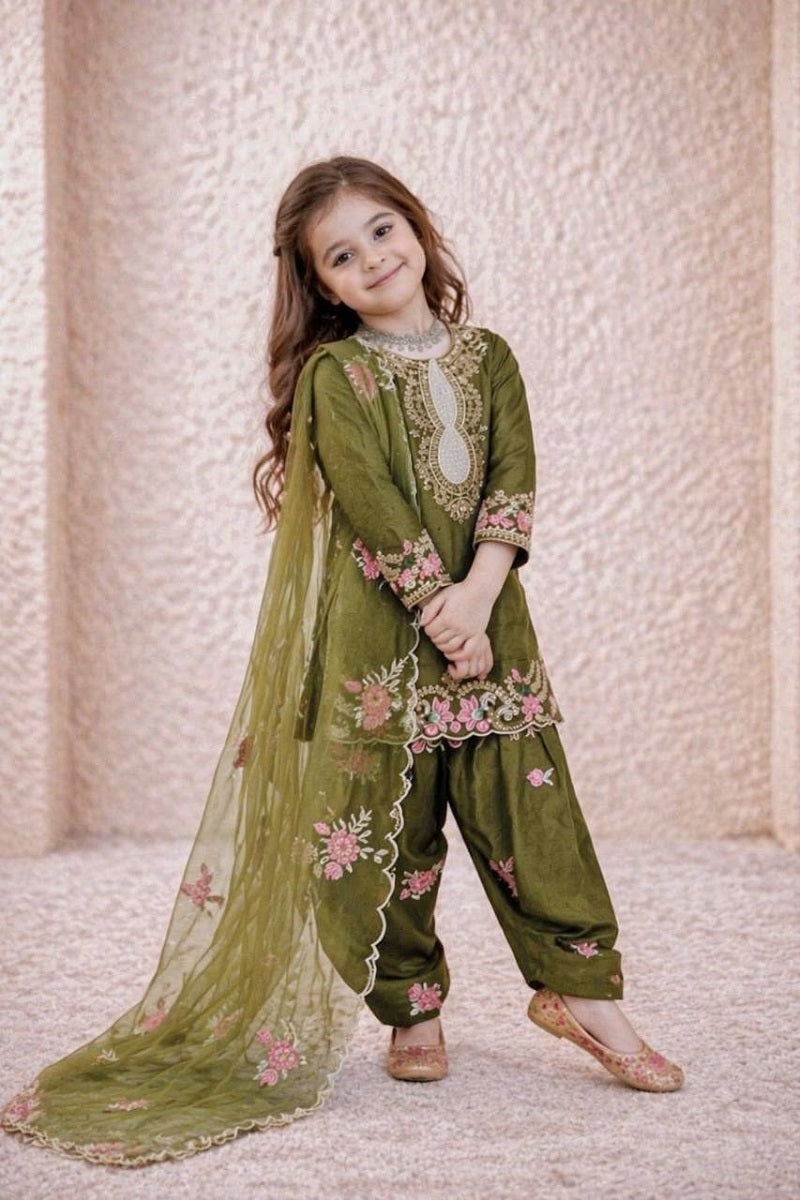 Evanik Green Designer Party Wear Heavy Natural Crepe Kids Patiala Set