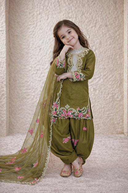 Evanik Green Designer Party Wear Heavy Natural Crepe Kids Patiala Set