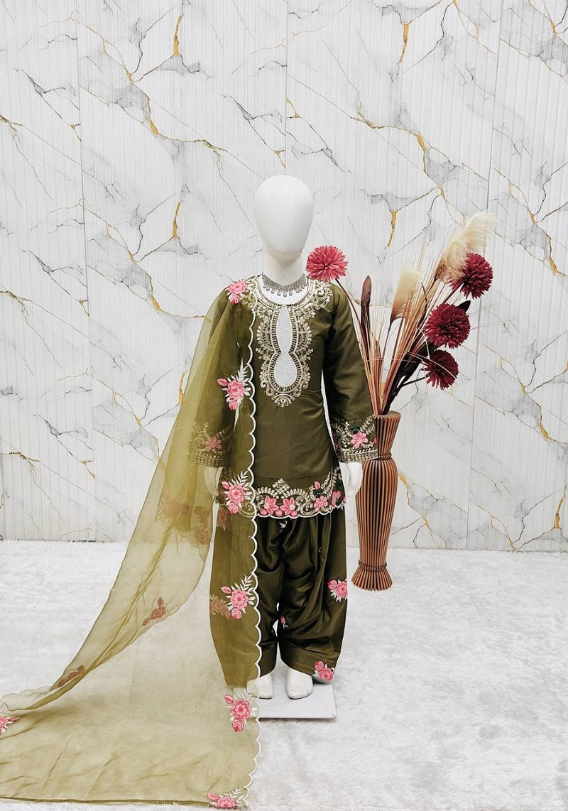 Evanik Green Designer Party Wear Heavy Natural Crepe Kids Patiala Set