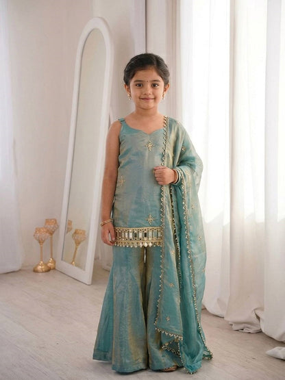 Evanik Green Seagreen Embroidered Fendy Silk Kids Sharara Set