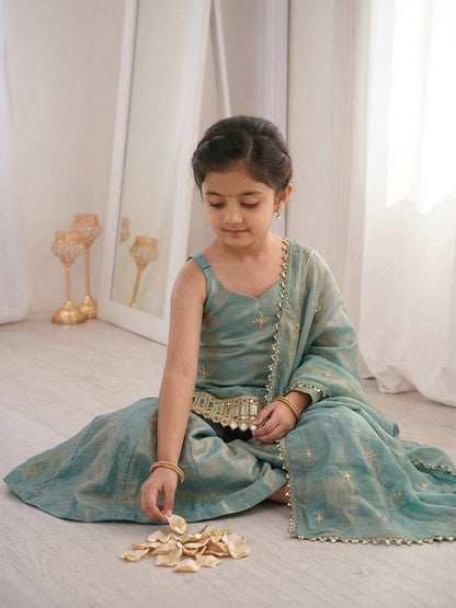 Evanik Green Seagreen Embroidered Fendy Silk Kids Sharara Set