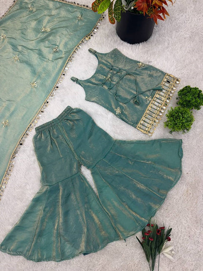 Evanik Green Seagreen Embroidered Fendy Silk Kids Sharara Set