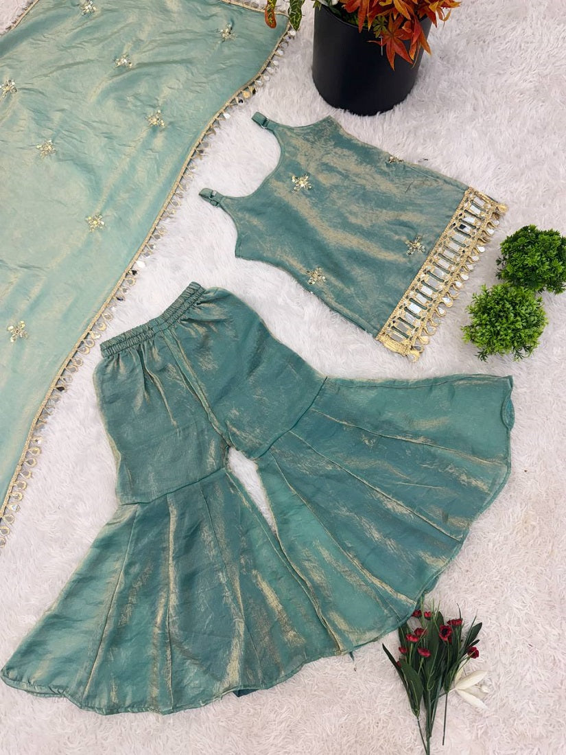 Evanik Green Seagreen Embroidered Fendy Silk Kids Sharara Set