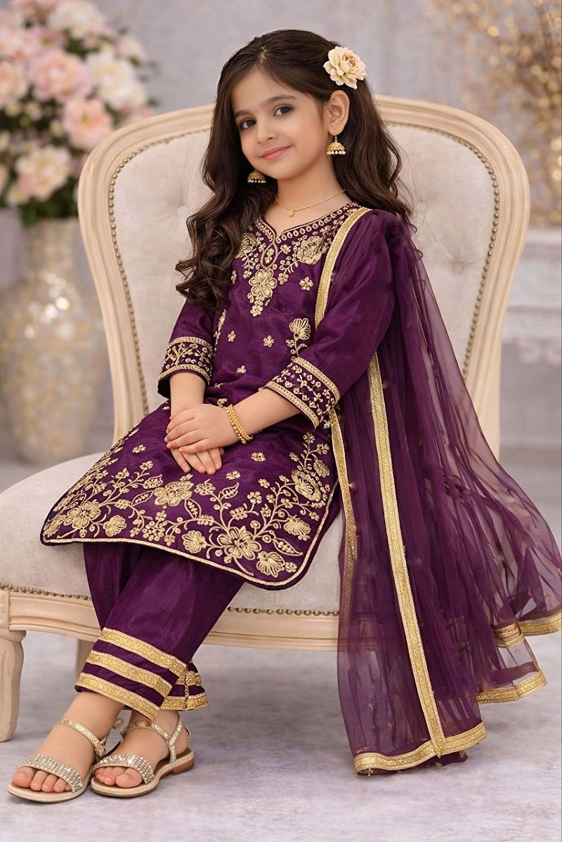 Evanik Purple Premium Chinon Silk Wedding Kids Kurta Set