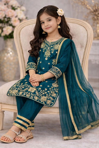 Evanik Blue Premium Chinon Silk Wedding Kids Kurta Set