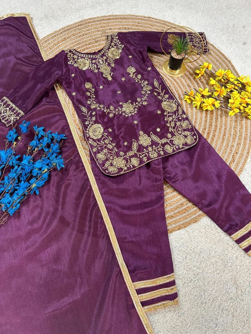 Evanik Purple Premium Chinon Silk Wedding Kids Kurta Set