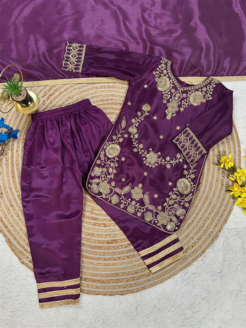 Evanik Purple Premium Chinon Silk Wedding Kids Kurta Set