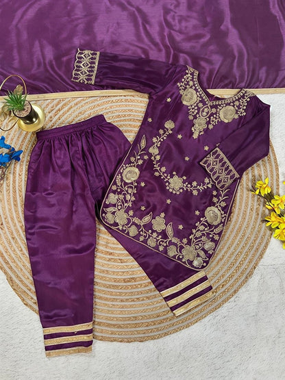 Evanik Purple Premium Chinon Silk Wedding Kids Kurta Set