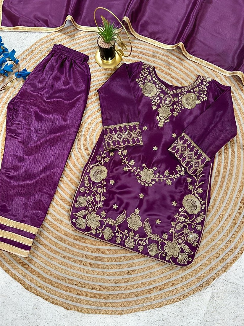 Evanik Purple Premium Chinon Silk Wedding Kids Kurta Set