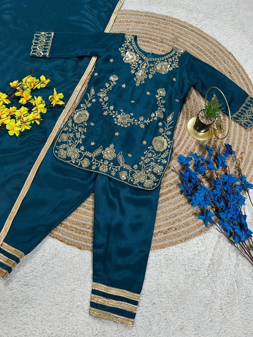 Evanik Blue Premium Chinon Silk Wedding Kids Kurta Set
