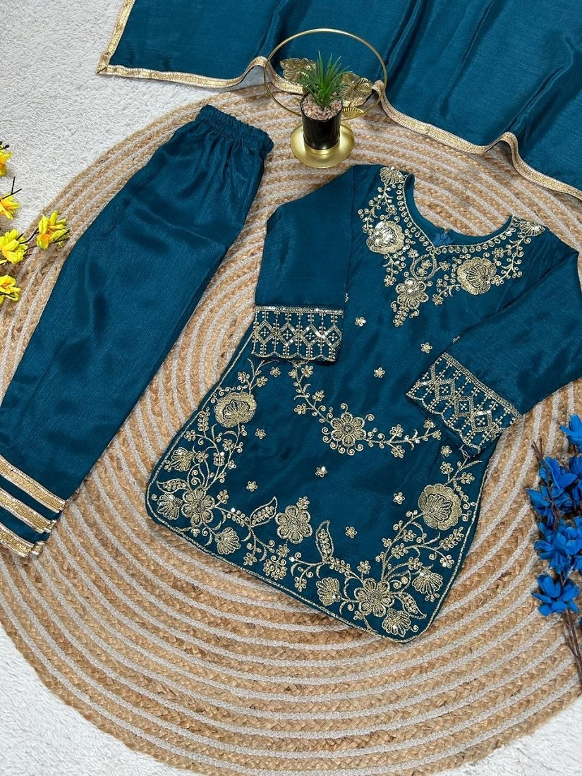 Evanik Blue Premium Chinon Silk Wedding Kids Kurta Set