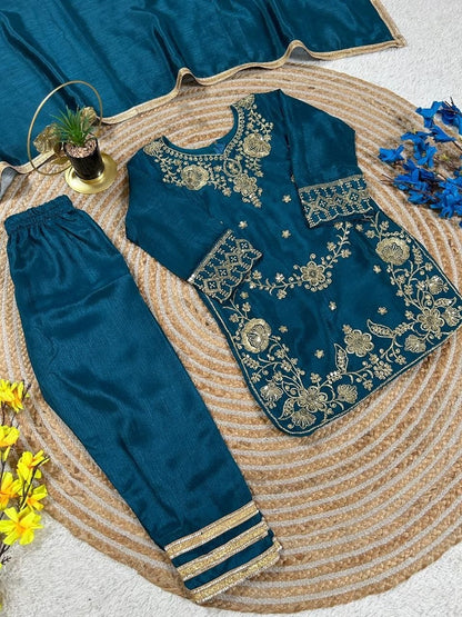 Evanik Blue Premium Chinon Silk Wedding Kids Kurta Set